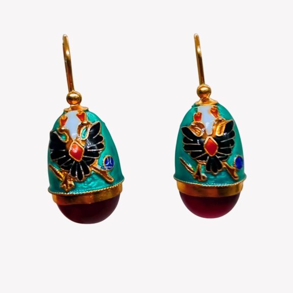 Enamel Eagle Carnelian Egg Drop Earrings Countess Petrovna by Museum of Jewelry - Picture 2 of 4